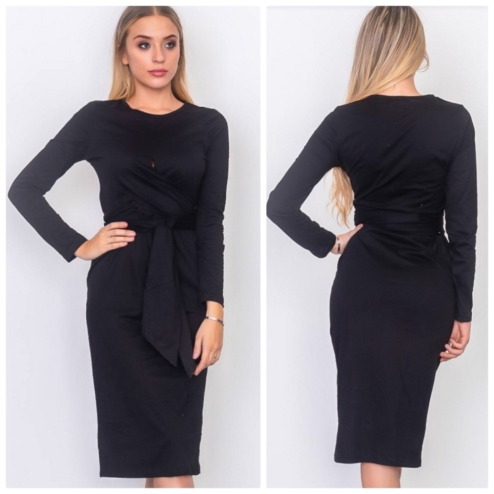 Faux Sarong Style Tie Front Jersey Midi Dress